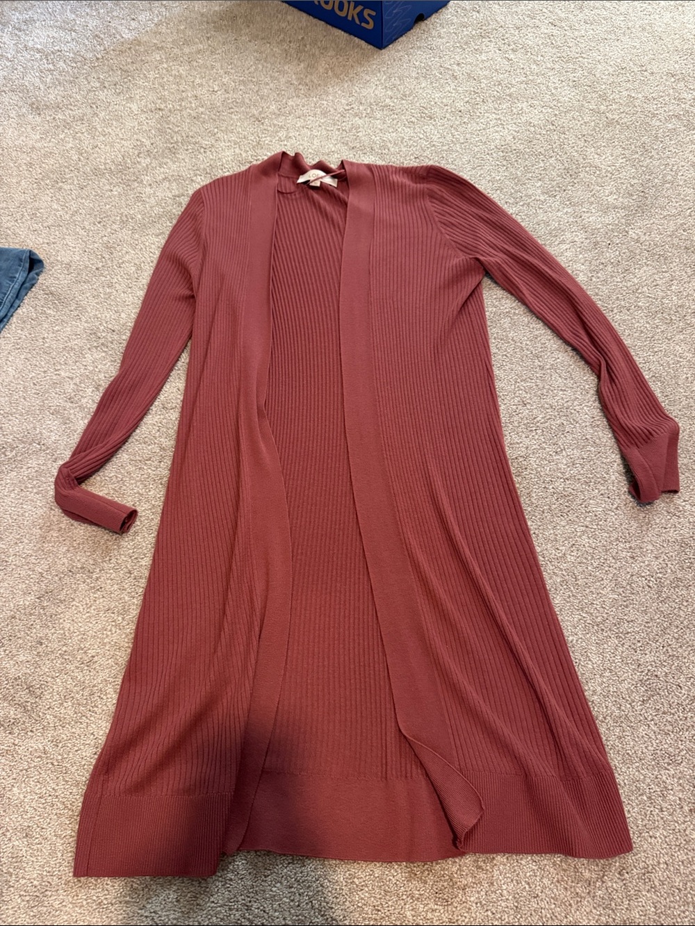 LOFT Ribbed Open-Front Long Cardigan - Rust Brown